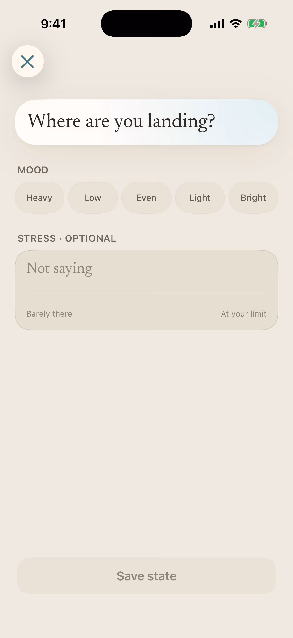 Cyon's quick state editor, with mood chips and an optional stress picker