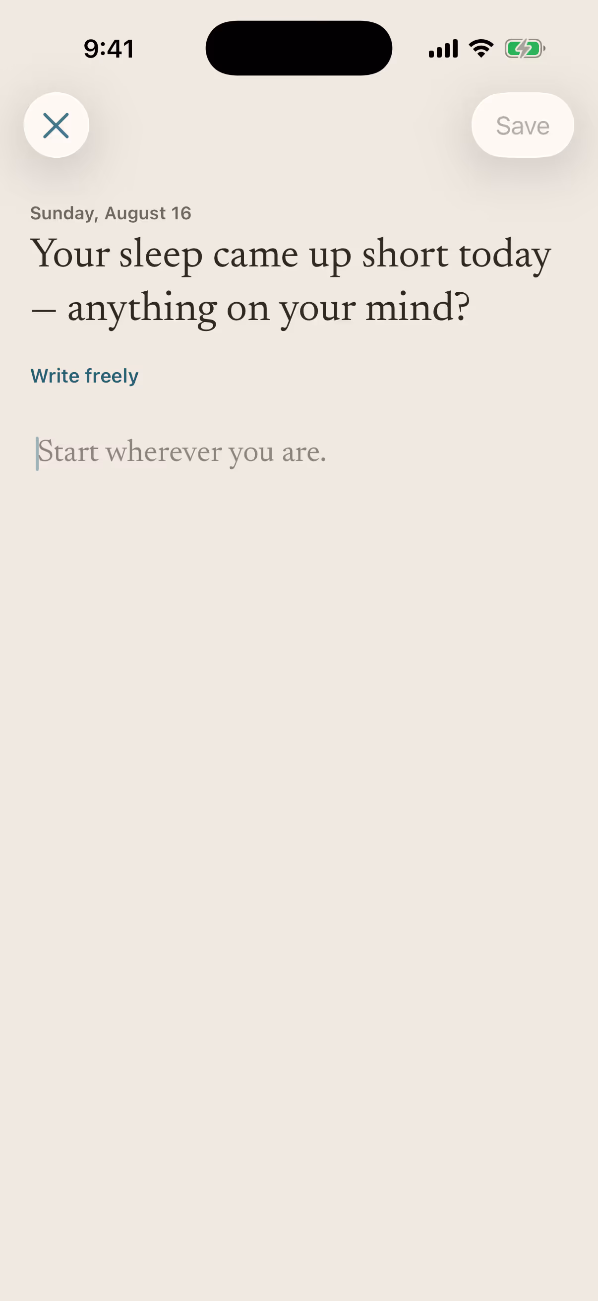 Cyon's written journal, opened on a prompt drawn from the day