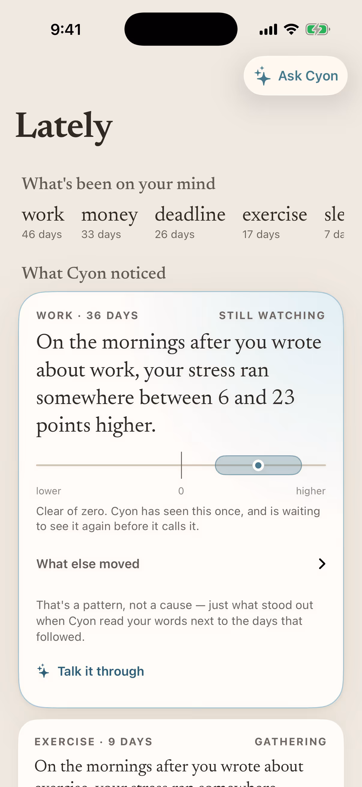 Cyon's Lately screen: a thread of days with written check-ins beside the body