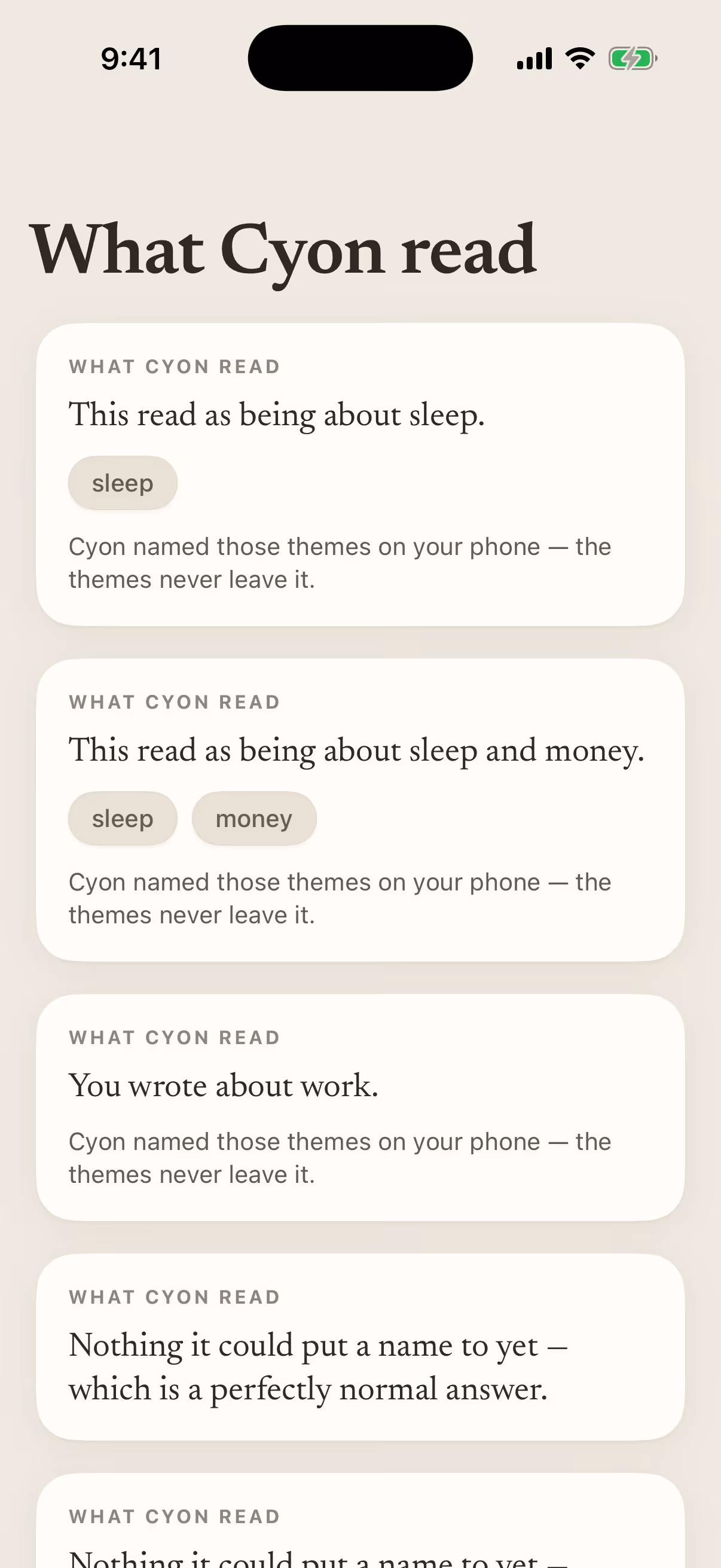 Cyon naming the themes it read in an entry, on device