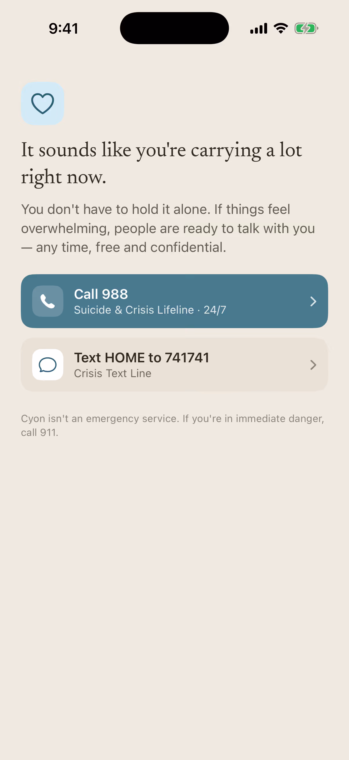Cyon's crisis support sheet, showing the 988 lifeline and a text line